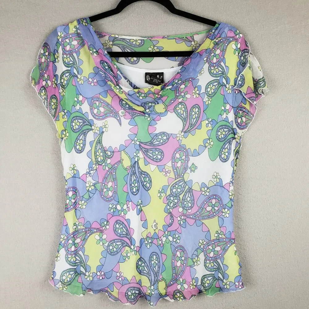 Rafaella Women's 16 Cap Sleeve Cowl Top Lettuce Hem Pastel Paisley Kawaii Y2K